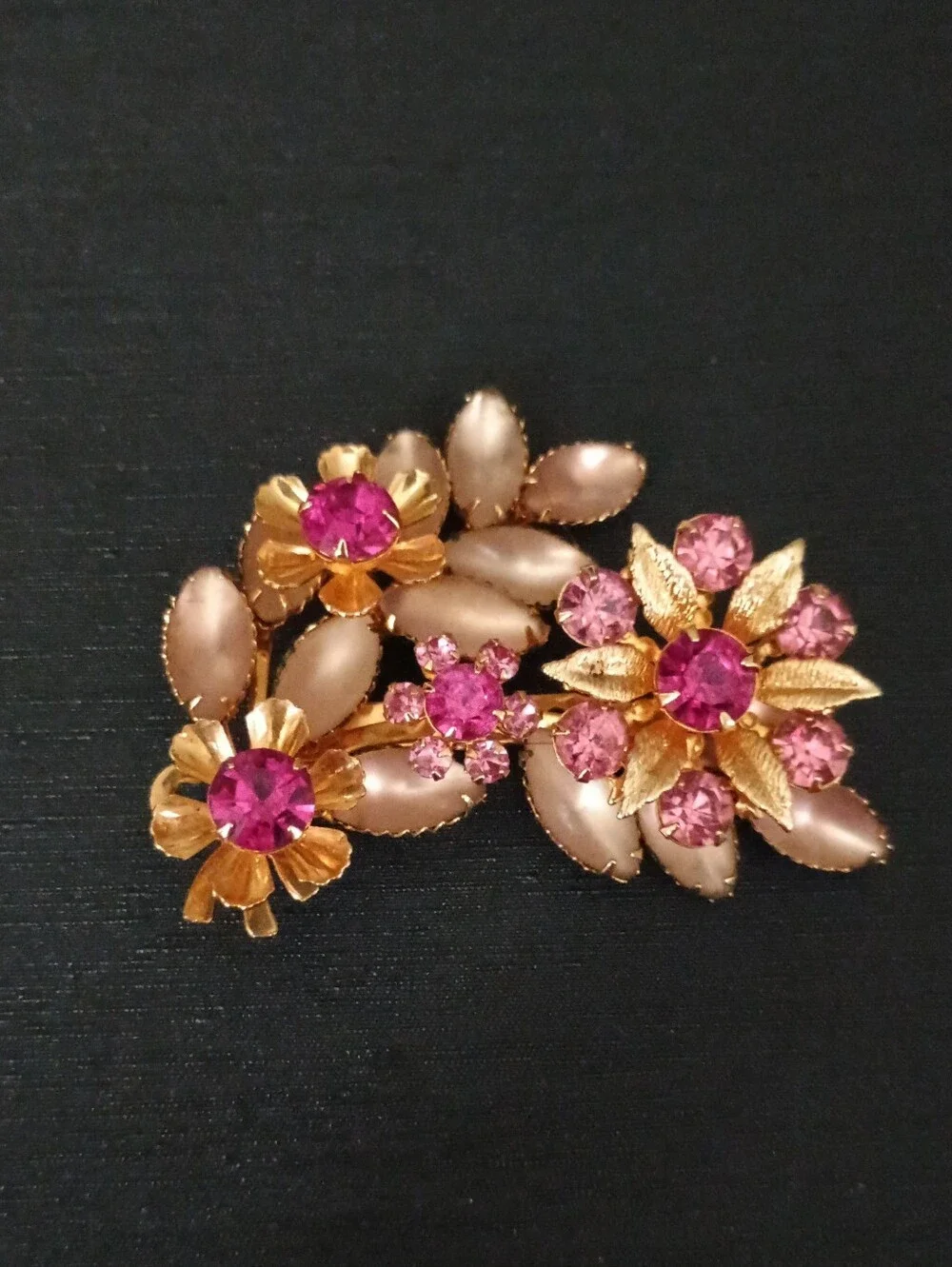 Vintage Judy Lee  1950 Gold Floral Brooch with Pink Gem Accents